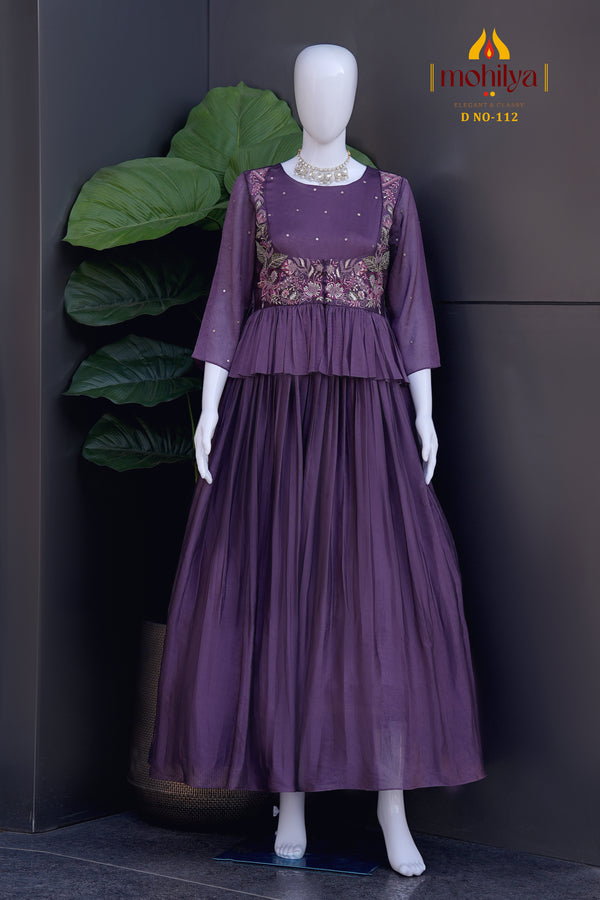 Embroidered Pleated Gown