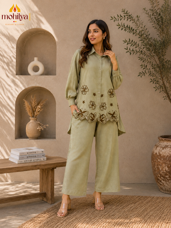 Mohilya Premium Embroidered Butterfly Scallop Co Ord Set for Women