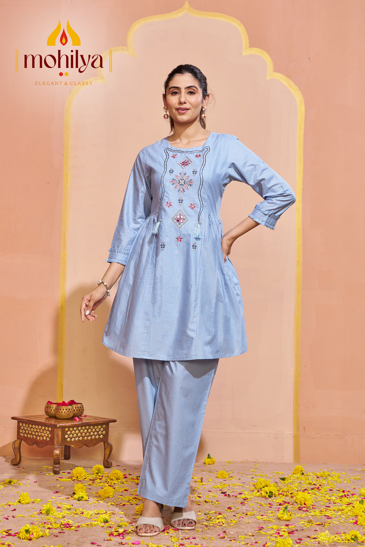 Cambric Cotton Embroidered Tunic & Trousers Co Ord Set for Women's