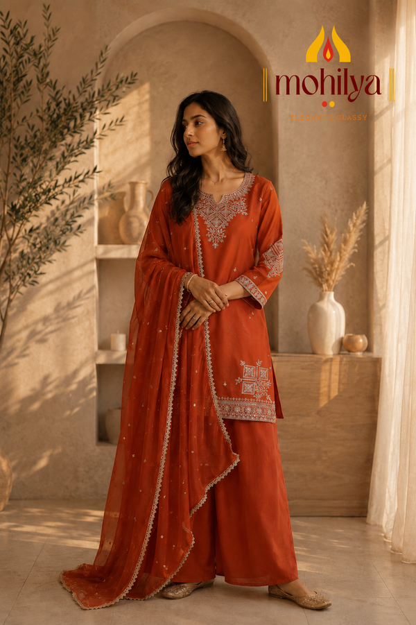 Mohilya Premium Embroidered Kurta Palazzo Set with  Dupatta