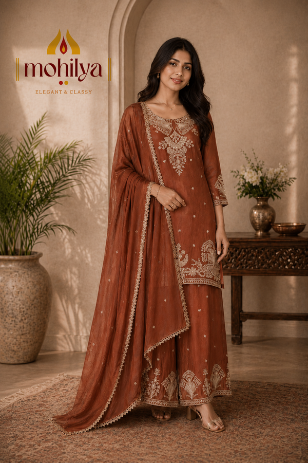 Mohilya Premium  Embroidered Kurta & Palazzo Set with Matching Dupatta