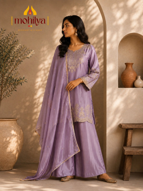 Mohilya Premium Embroidered Kurta Palazzo Set with Dupatta