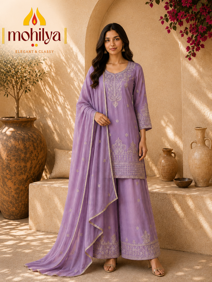 Mohilya Premium Embroidered Kurta & Palazzo Set with Dupatta+2