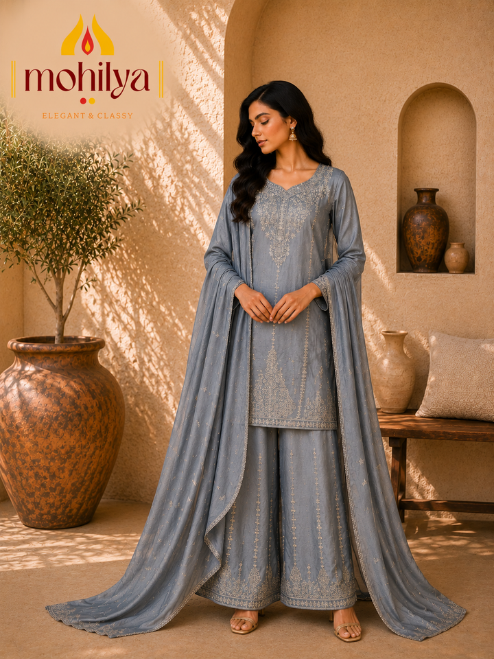 Mohilya Premium Embroidered Kurta & Palazzo Set with Dupatta+2
