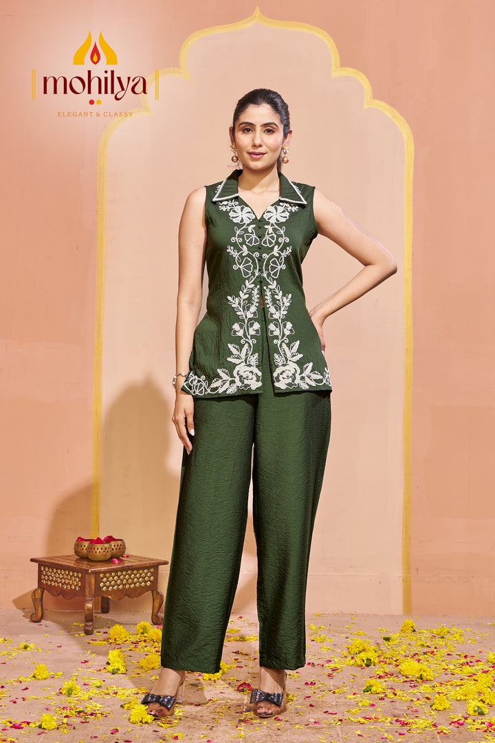 Embroidered Collar Tunic & Pants Co Ord Set for Women+2