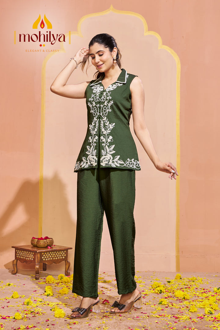 Embroidered Collar Tunic & Pants Co Ord Set for Women