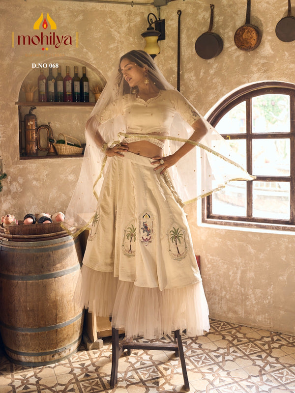 vichitra lehenga choli with embroidered motifs and net dupatta